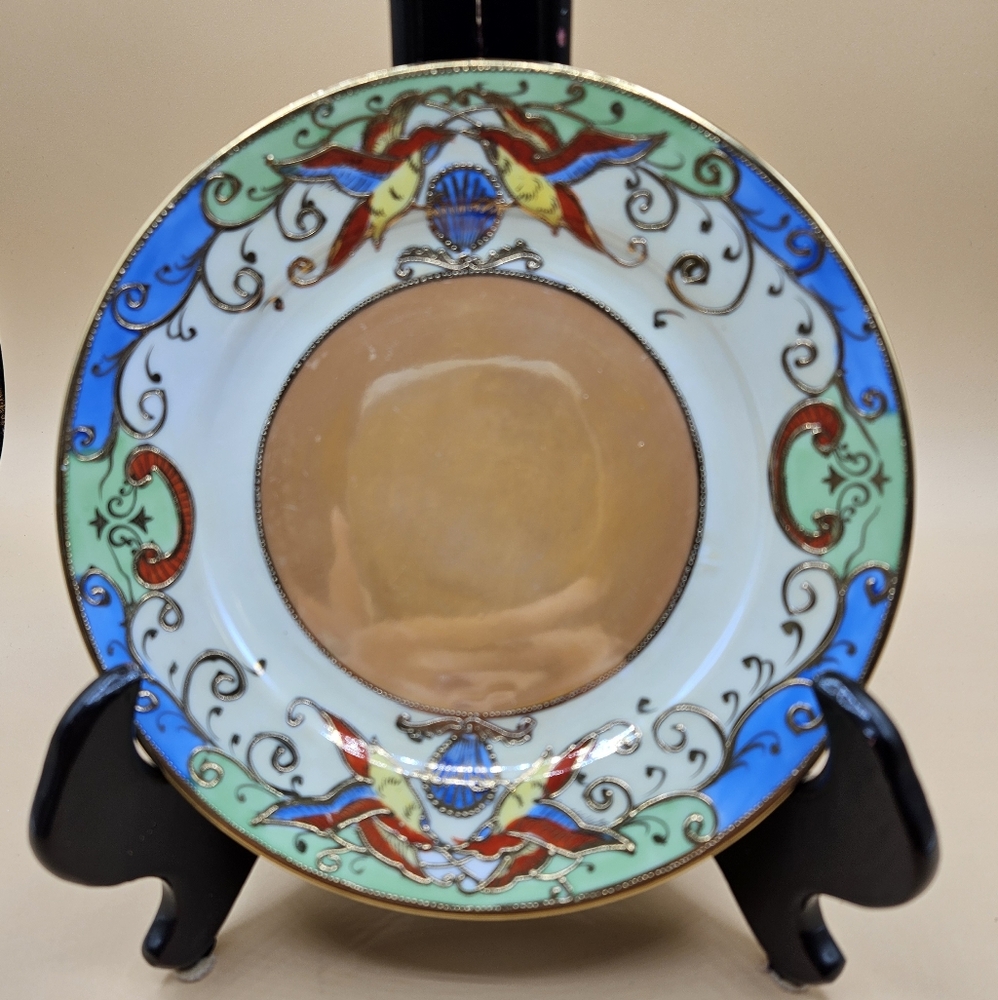 Gold Moriage Blue Green & Peach Lustre Colorful Birds 7.25" Plate, Japan